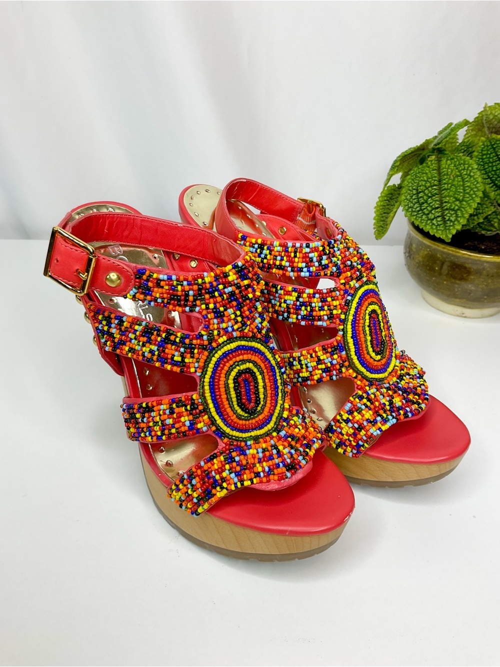 BCBG GIRLS Red Beaded Platform Sandals with Multicolor Accents